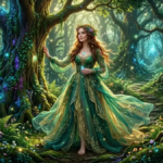 Fantasy girl in flowing dress standing in an enchanted forest