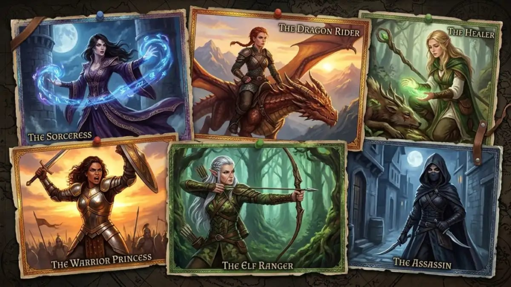 Collage of fantasy girl names characters representing different archetypes