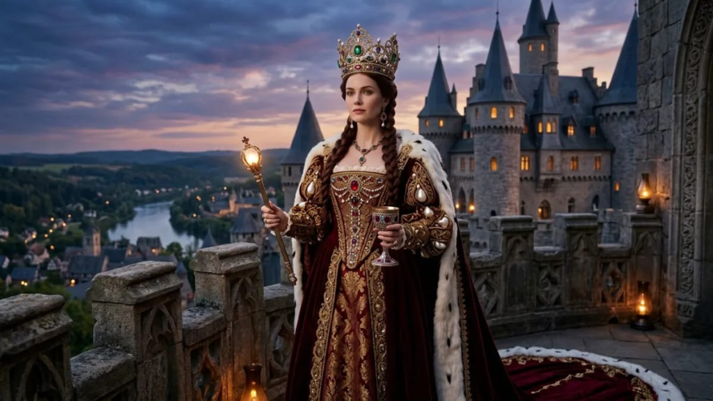 Fantasy queen wearing a jeweled crown and royal gown"