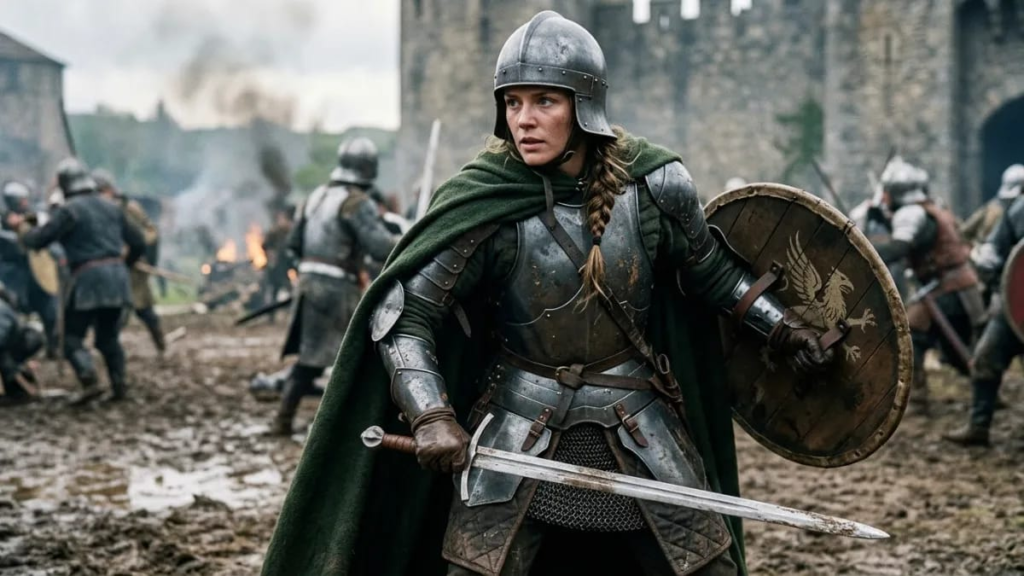 Fantasy female warrior holding a sword in battle armor