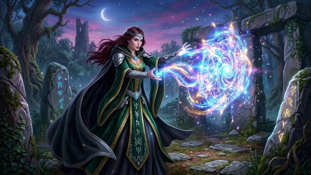 Mystical fantasy character names sorceress casting a glowing magic spell