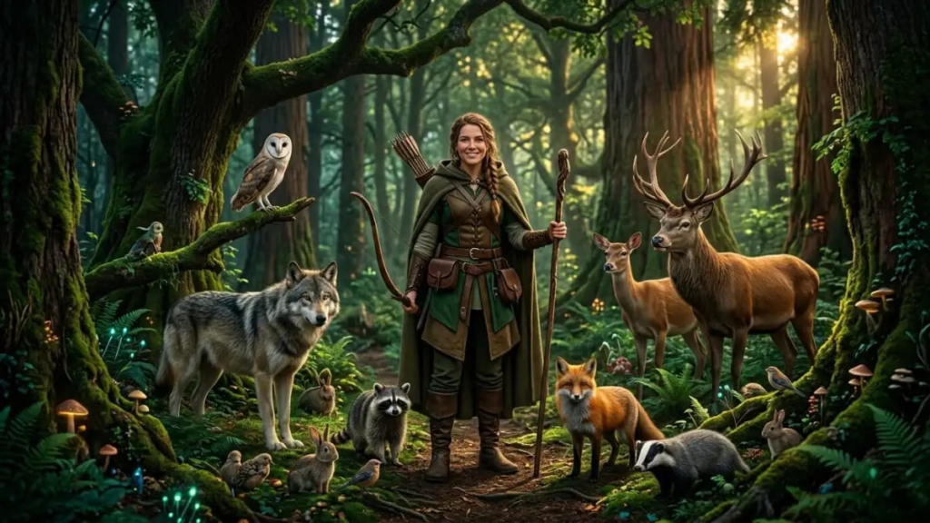 Fantasy forest ranger surrounded by trees and wildlife"