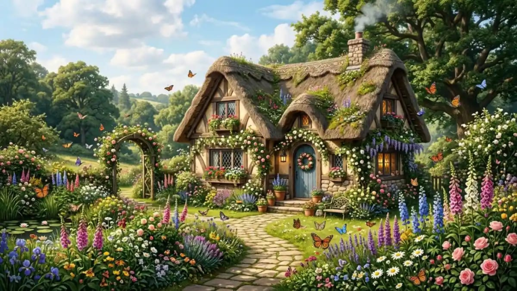 [ IMAGE 7 PLACEHOLDER ]
  |  Alt text: "Whimsical fairy tale cottage surrounded by flowers and butterflies"