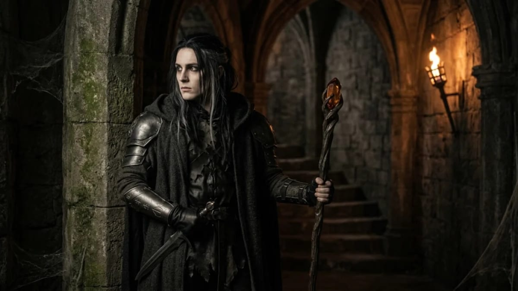 Dark gothic fantasy character in a shadowy castle setting