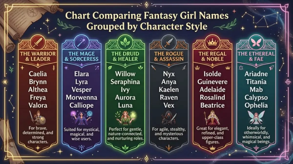 Chart comparing fantasy girl names grouped by character style