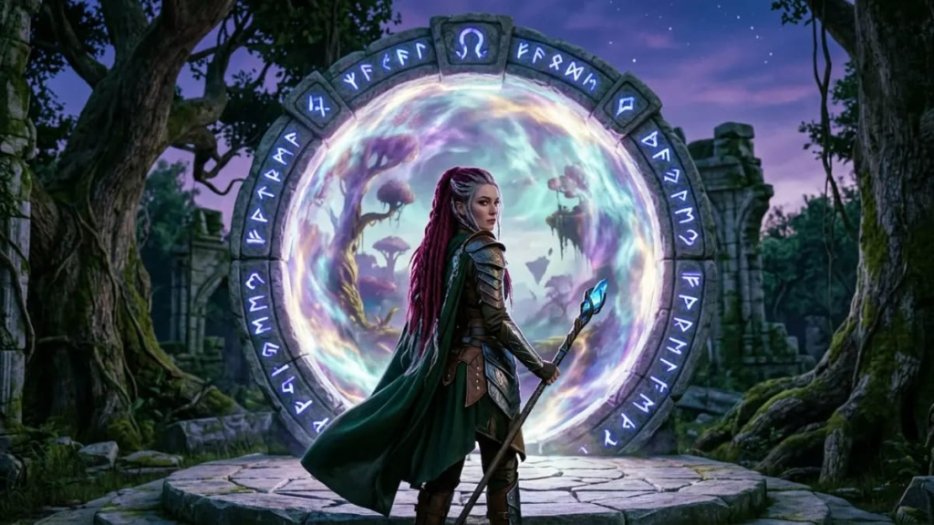 Fantasy girl names character standing before a magical portal