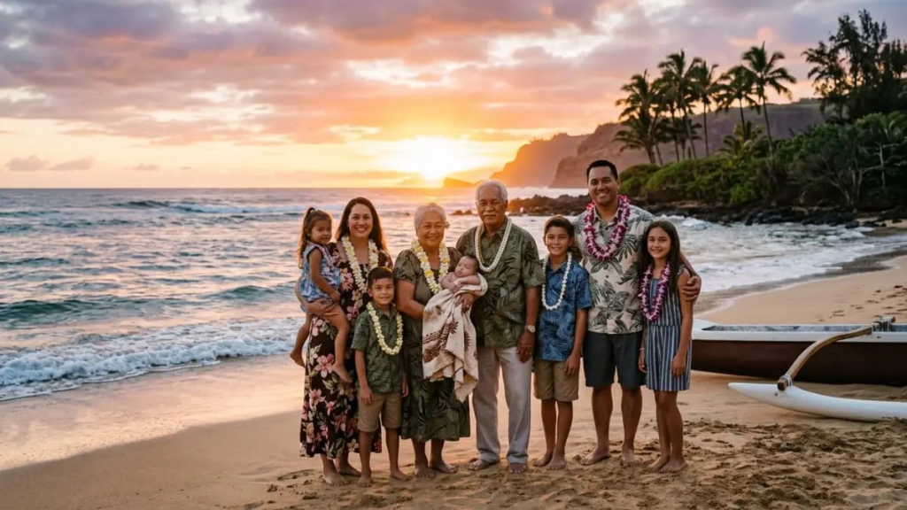 Traditional Hawaiian last names family standing near the ocean at sunset