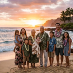 Traditional Hawaiian last names family standing near the ocean at sunset