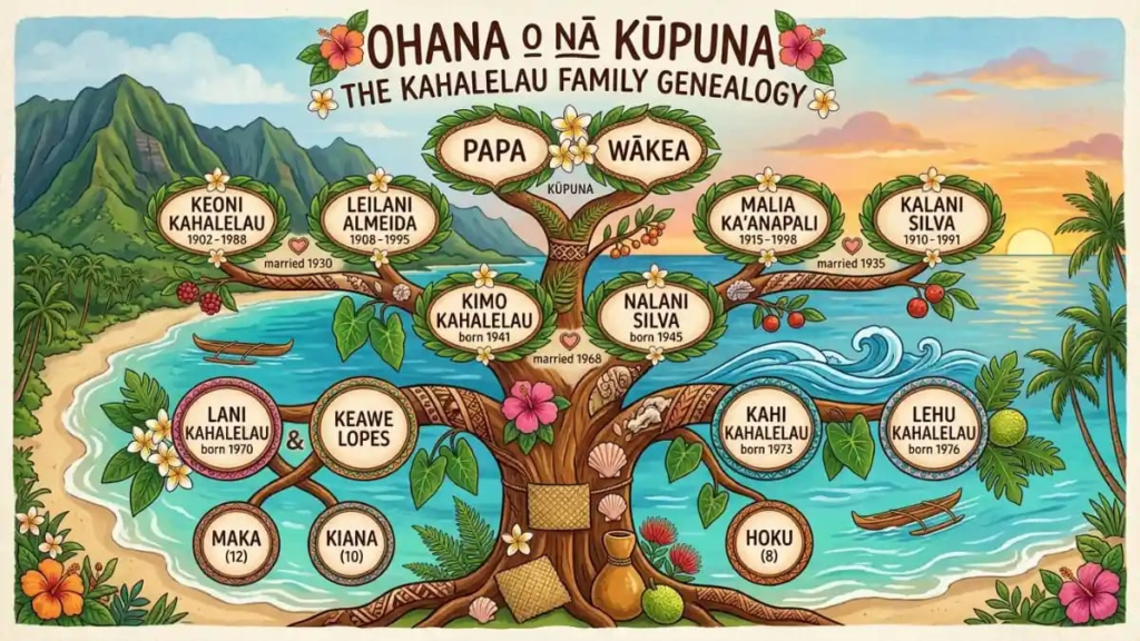 Hawaiian LAST names family tree illustration with island motifs
