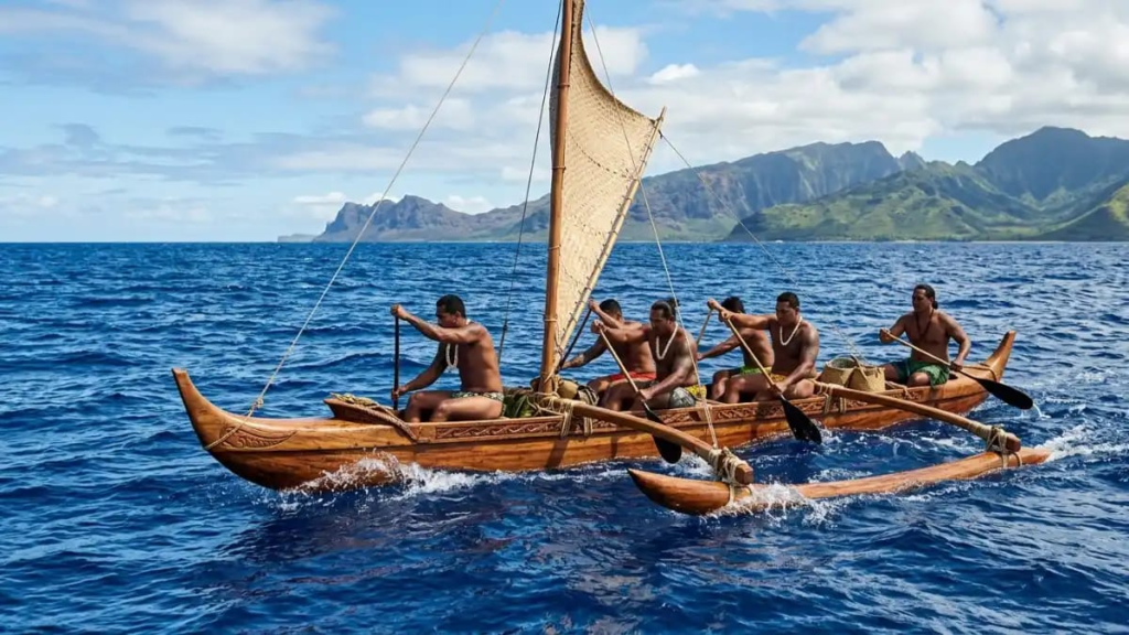 Traditional Hawaiian canoe on the open ocean
