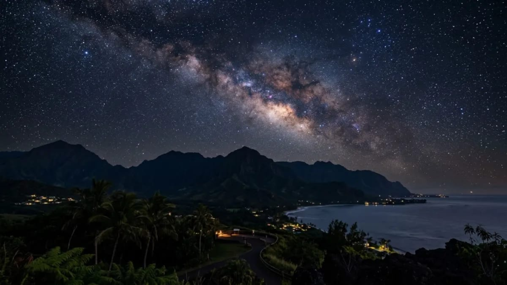 Night sky over Hawaiian mountains with visible stars