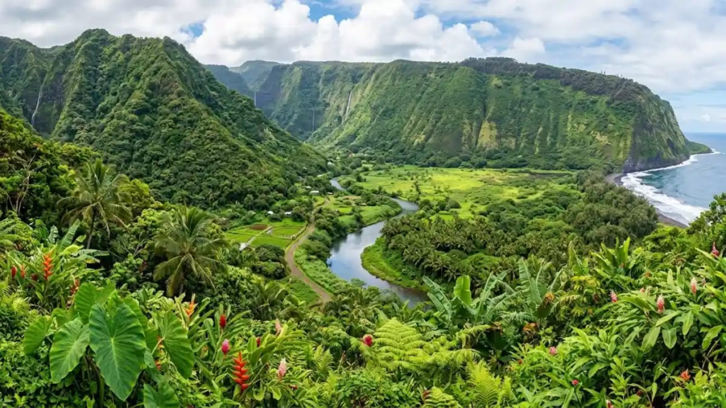 Lush green Hawaiian valley with tropical plants