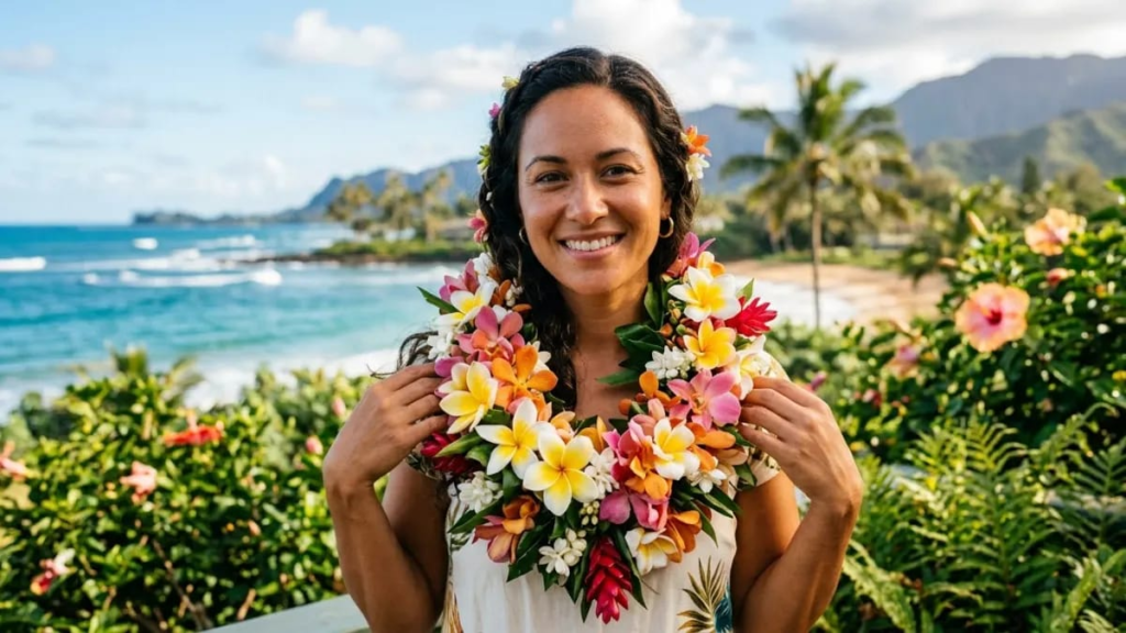 Fresh Hawaiian lei made of tropical flowers"