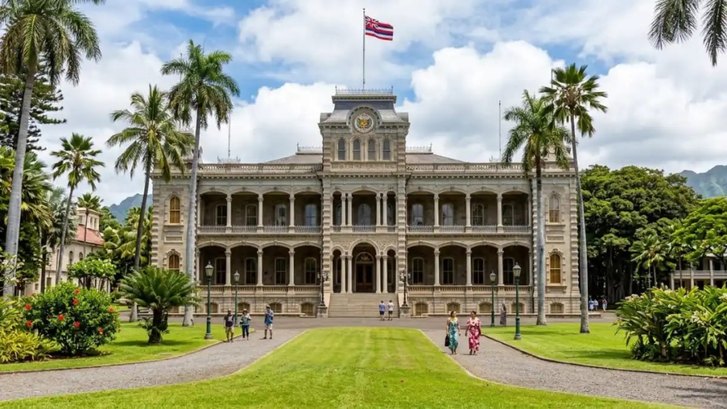 Historic Hawaiian royal palace exterior"