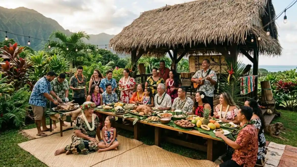 Hawaiian family gathering at a traditional home"