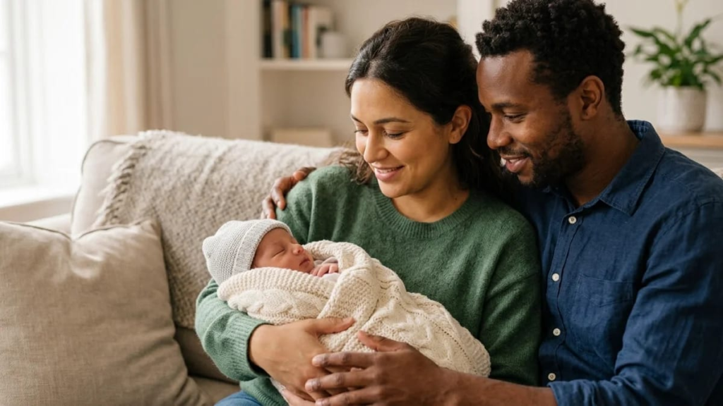 Parents holding a newborn baby wrapped in a soft blanket