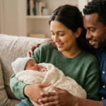 Parents holding a newborn baby wrapped in a soft blanket