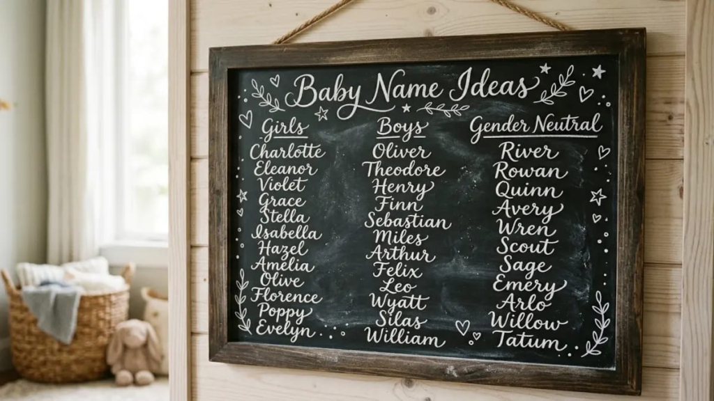 Chalkboard sign with baby name ideas written in cursive