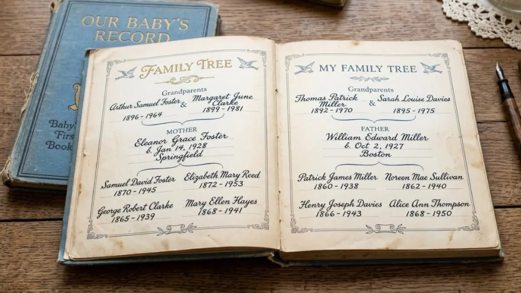 Vintage baby book with handwritten family names