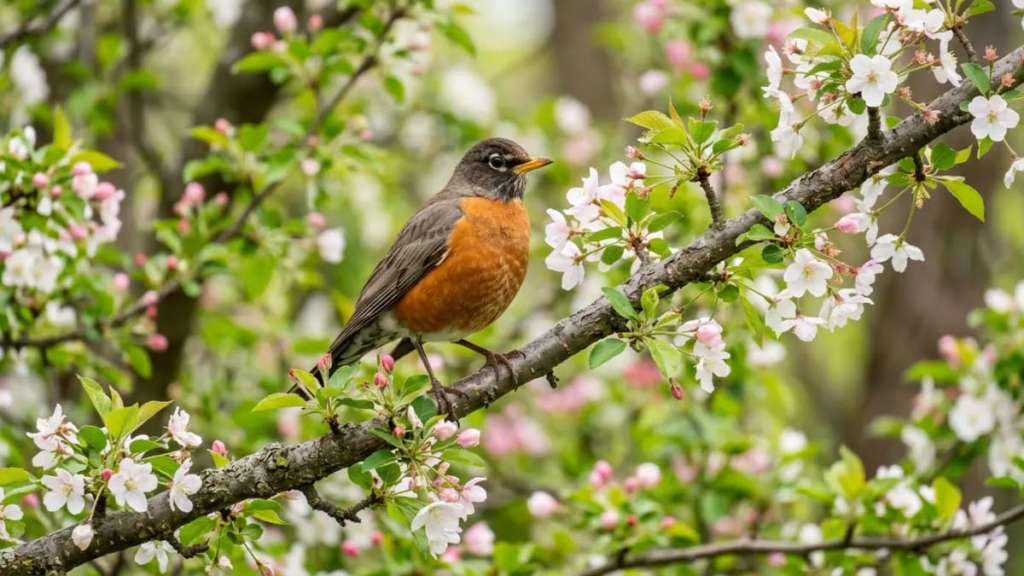 Robin bird perched on a tree branch in springtime