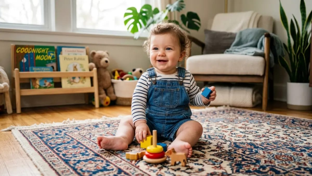 Baby boy in denim overalls sitting on a rug"
