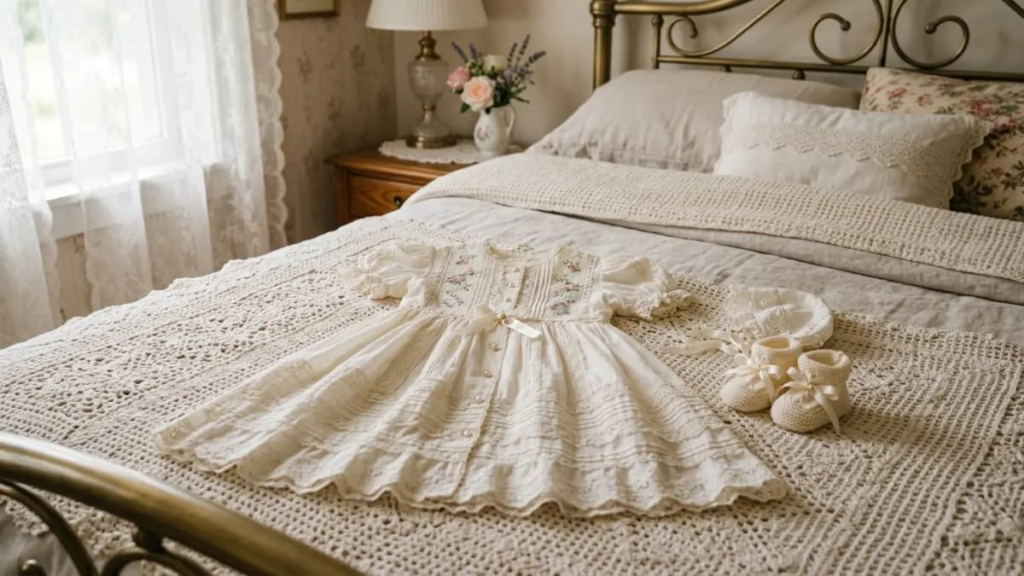 Elegant vintage-style baby dress laid on a bed