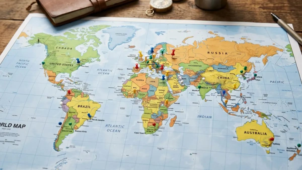 World map with pins marking different countries