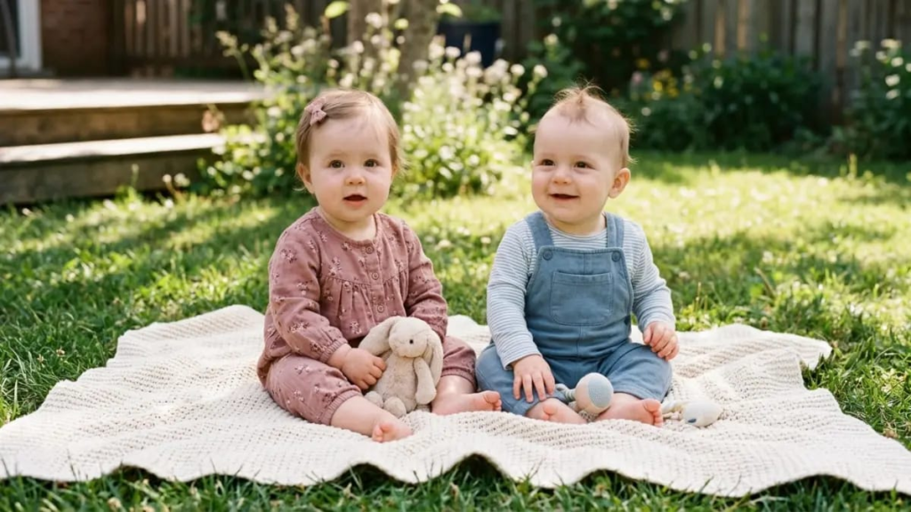 Baby girl and baby boy sitting together on a blanket
