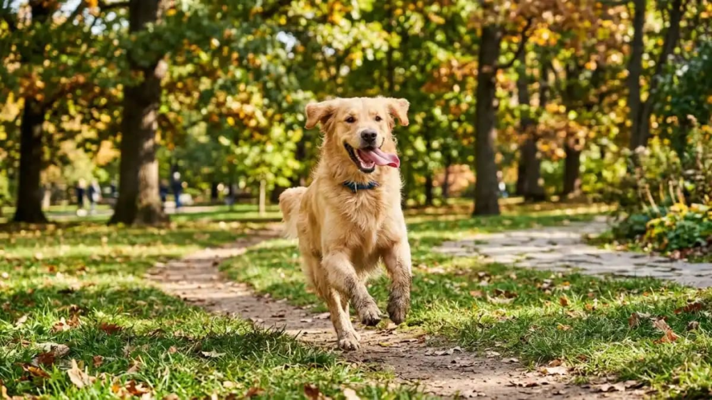 Happy cool dog names running through a park with tongue out"