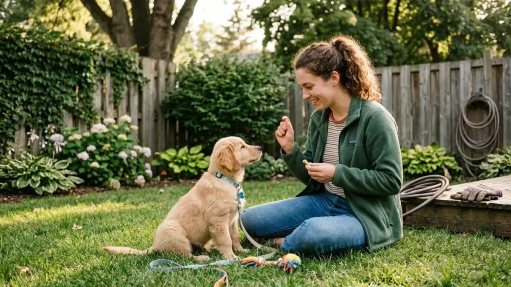Cool Dog owner training a puppy in a backyard