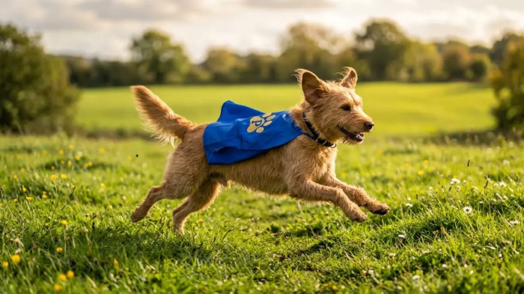 Dog wearing a small cape running across grass"