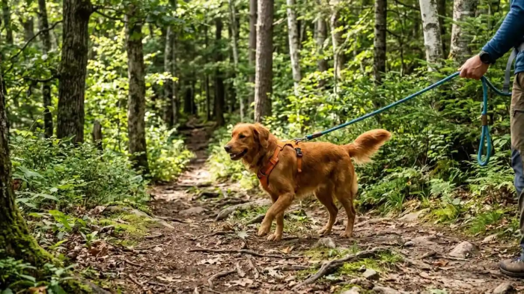 Dog exploring a forest trail on a hike