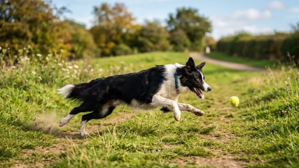 Fast dog mid-run chasing a ball outdoors