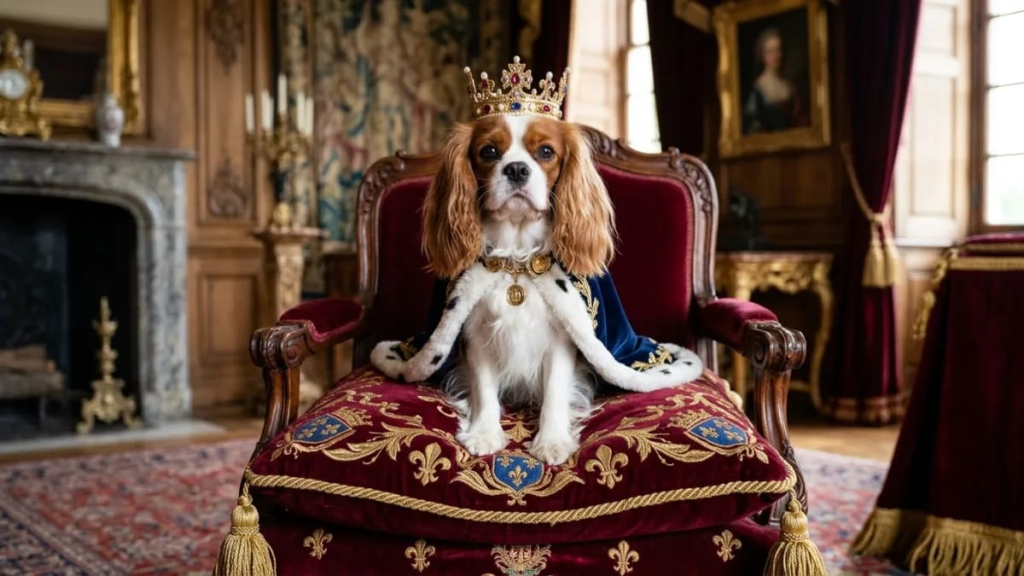 Regal-looking dog sitting like royalty on a cushion"