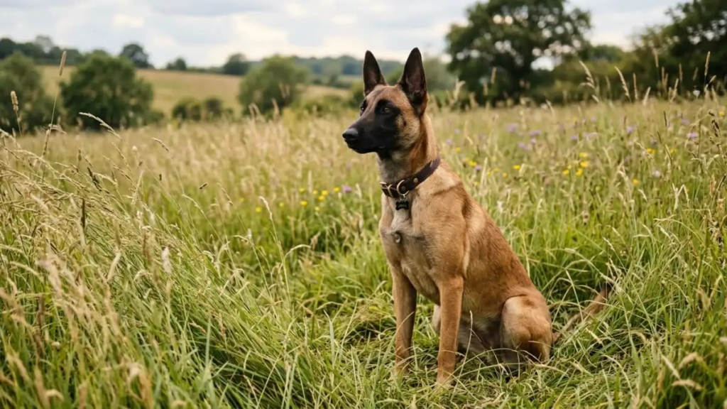 Female dog sitting alertly in tall grass