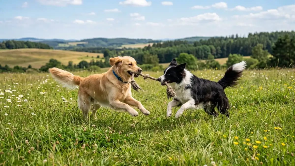 Two dogs playing together in an open field"