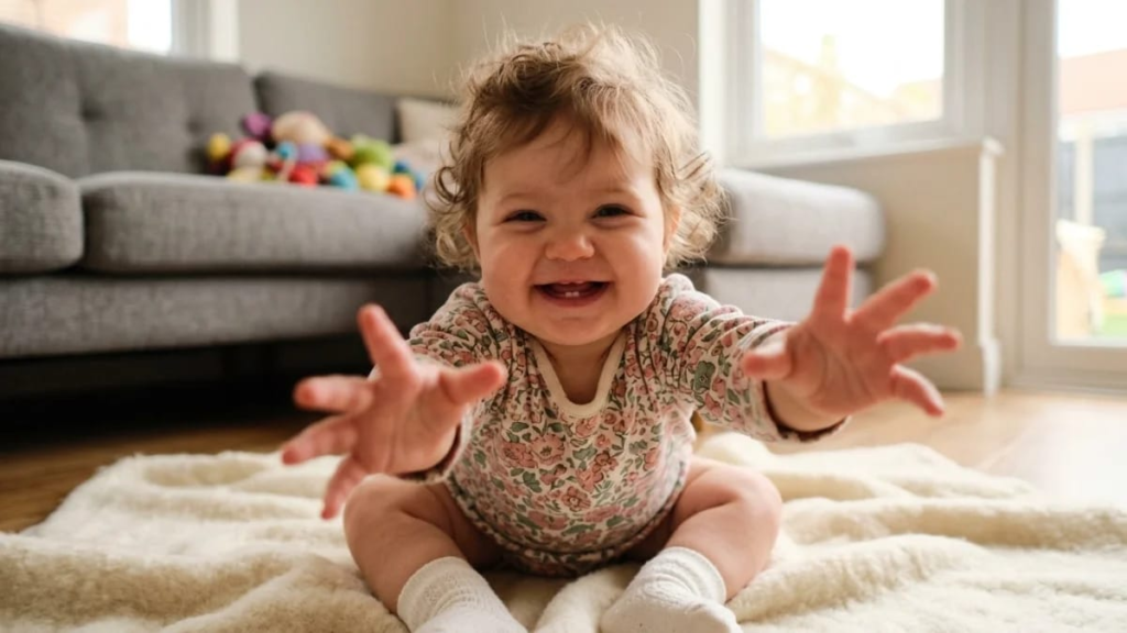 Baby girl smiling and reaching toward the camera