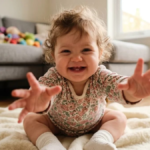 Baby girl smiling and reaching toward the camera