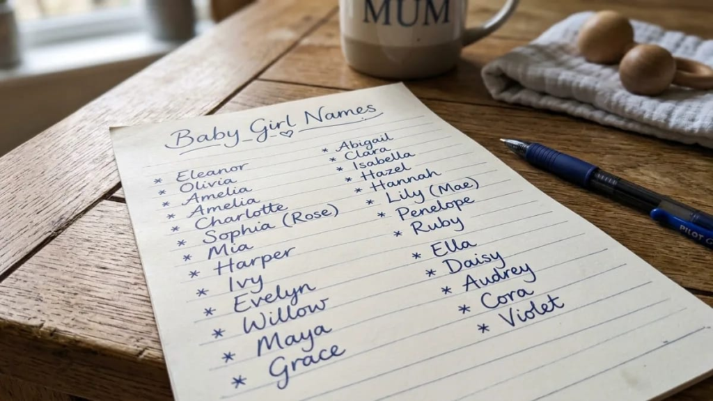 Handwritten list of baby girl names that start with a on paper"