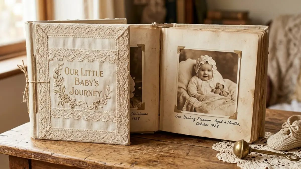 Vintage baby photo album with lace trim