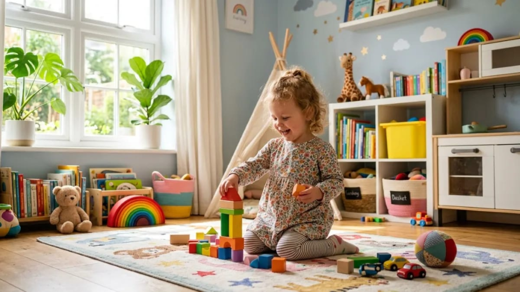 Toddler girl playing in a sunny nursery
