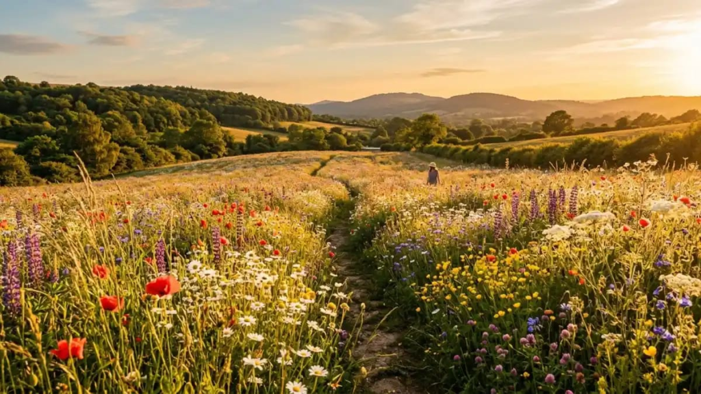 Field of wildflowers in golden afternoon light