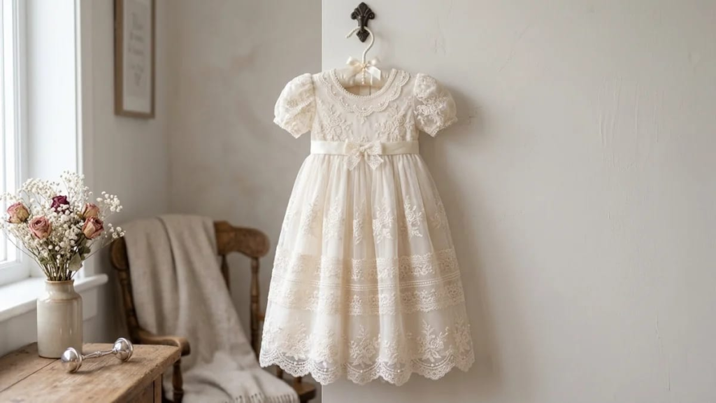 Elegant lace baby gown displayed on a hanger
