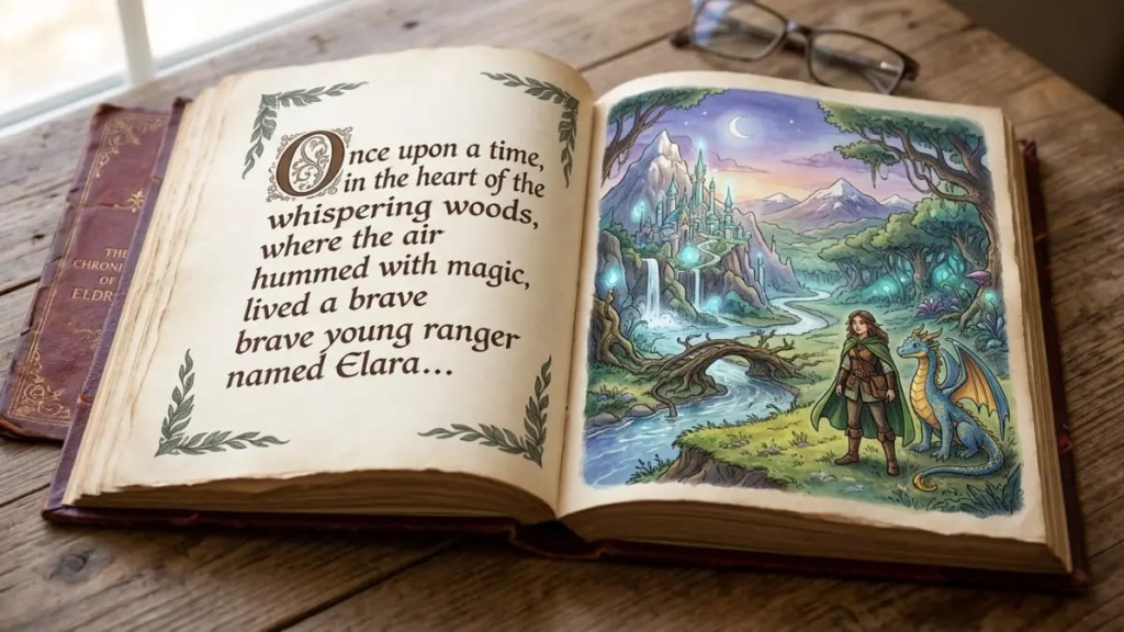 Open storybook with an illustrated fantasy scene"