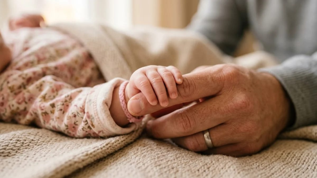 Baby girl's tiny hand holding a parent's finger