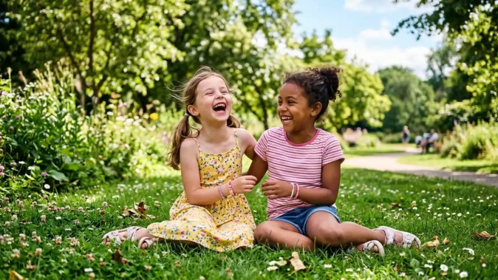 Two young girls laughing together outdoors