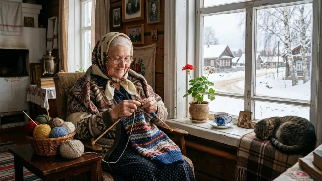 Elderly Russian grandmother knitting by a window