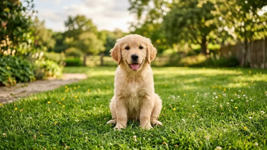 Golden retriever names for dog's puppy sitting on grass