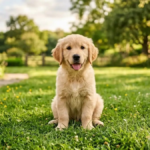 Golden retriever names for dog's puppy sitting on grass