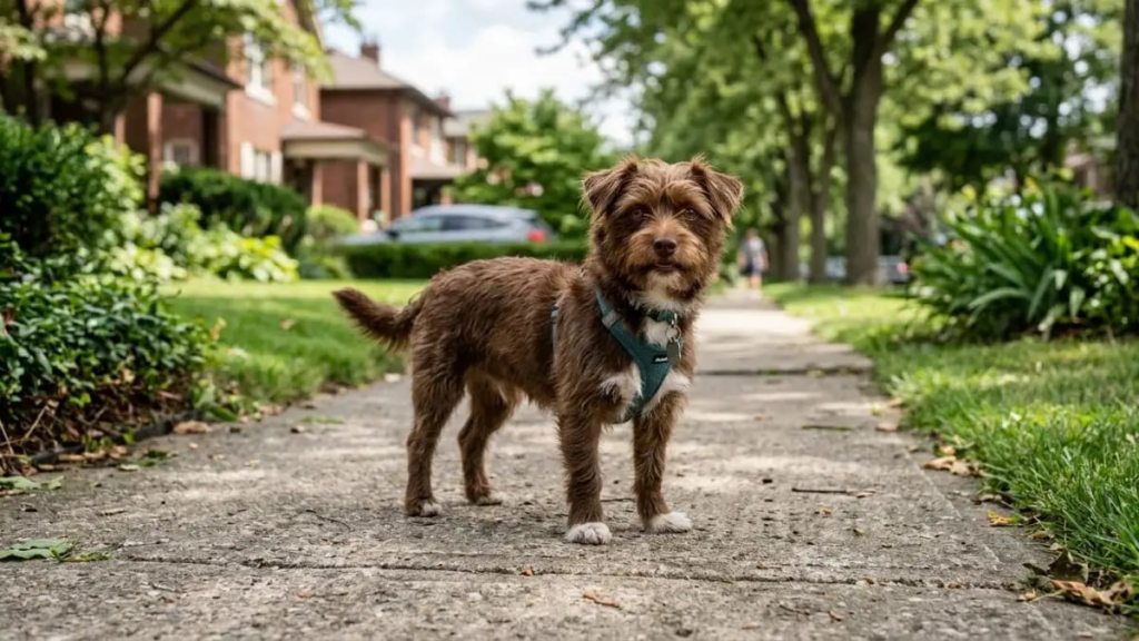Small brown names for dogs standing on a sidewalk